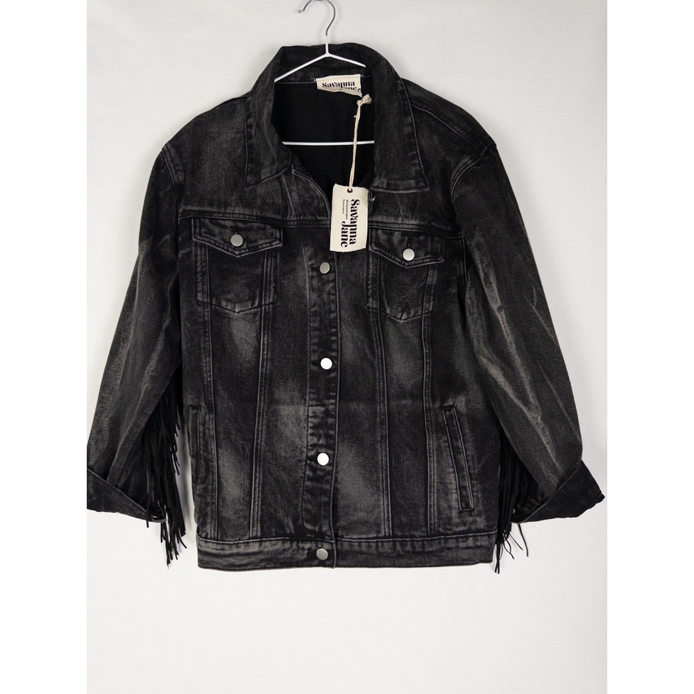 NWT Savanna Jane Denim Jacket Womens M Black Dark Wash Fringe Trucker